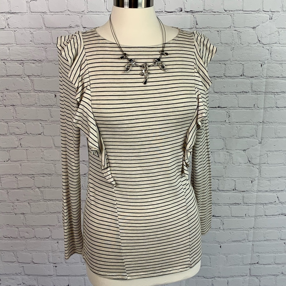 White Birch Cream/Black Striped Top w/Ruffles Sm